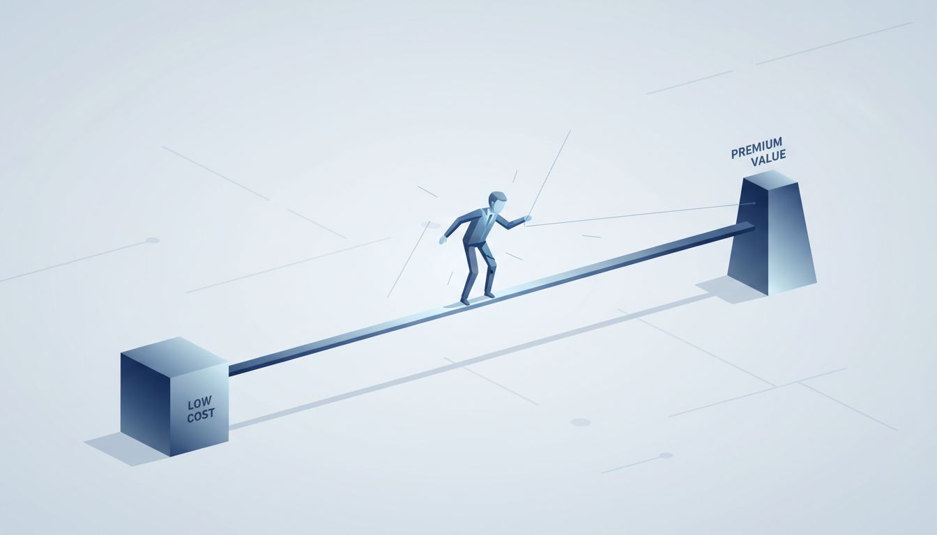 A figure balanced awkwardly in the middle of a pricing spectrum, unable to anchor to either end