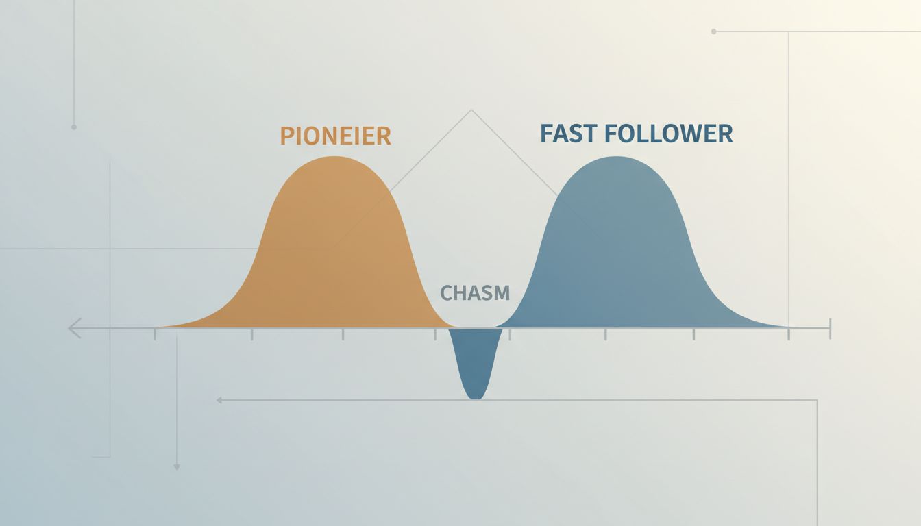 Diagram showing pioneer and fast-follower adoption curves, with the second mover peaking higher during mainstream market growth
