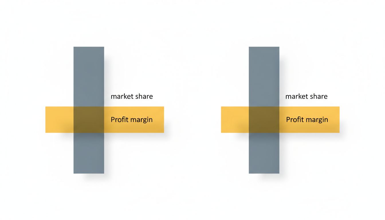 Abstract illustration contrasting market share height with profit margin, showing the smaller bar outperforming in value
