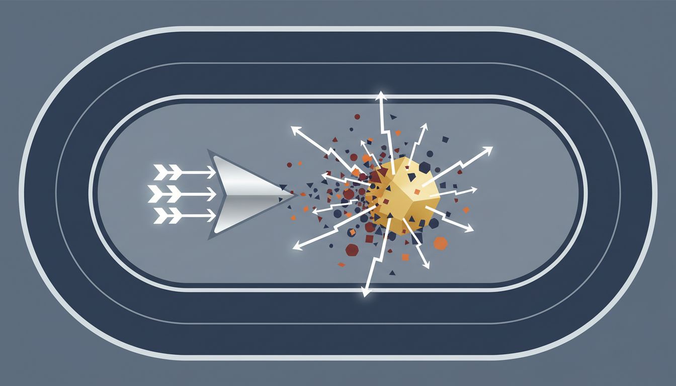 Diagram of two runners on a track, showing the leader pulled in multiple directions while second place moves with focus