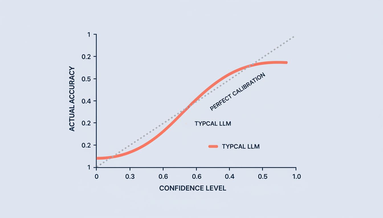 Calibration curve diagram showing the gap between AI confidence scores and actual accuracy rates