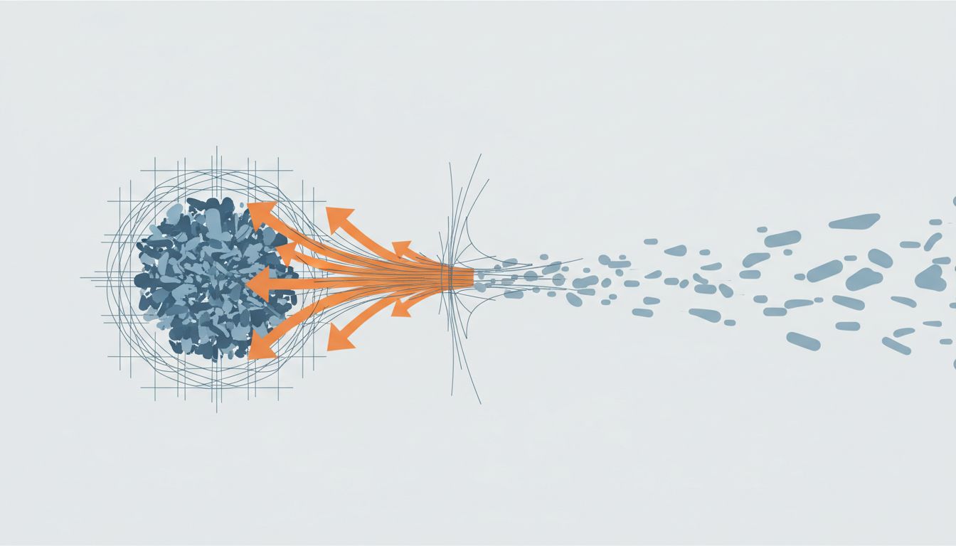 Abstract illustration of a constrained origin point with arrows pushing outward toward a much larger open field