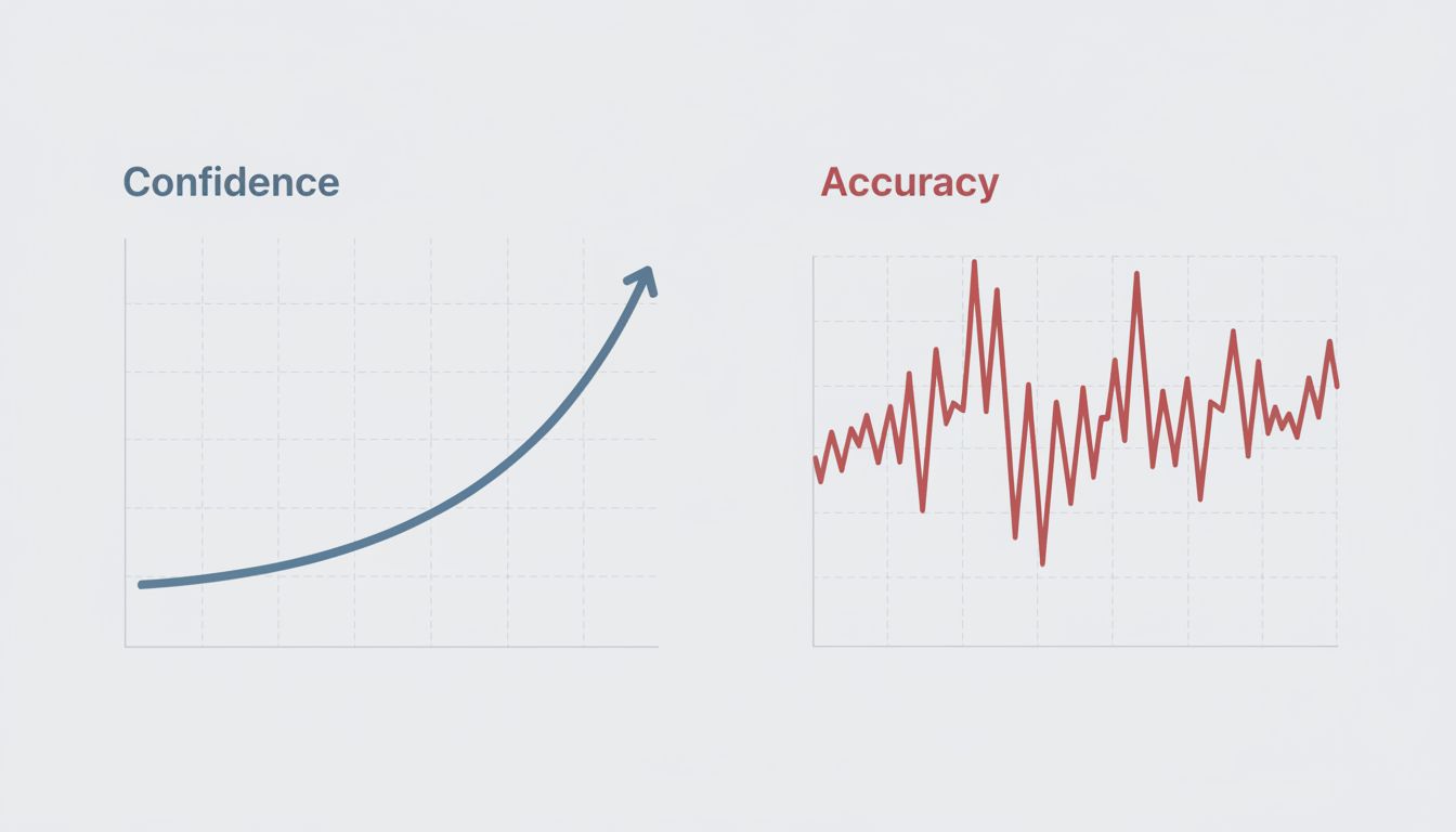 Two line graphs showing confidence rising smoothly while accuracy fluctuates independently, illustrating the lack of correlation between the two