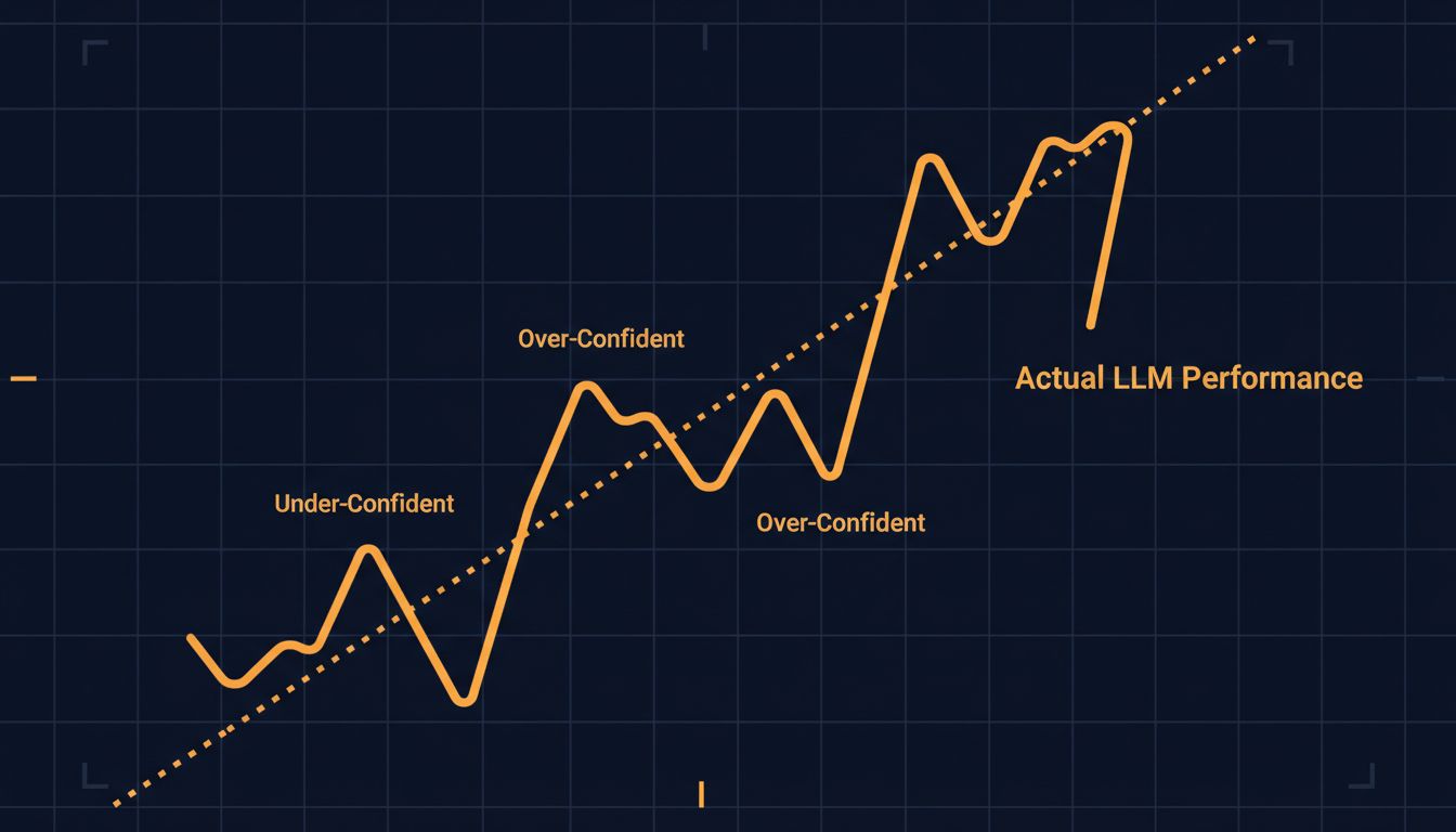 A calibration curve diagram showing the gap between perfect calibration and actual LLM performance