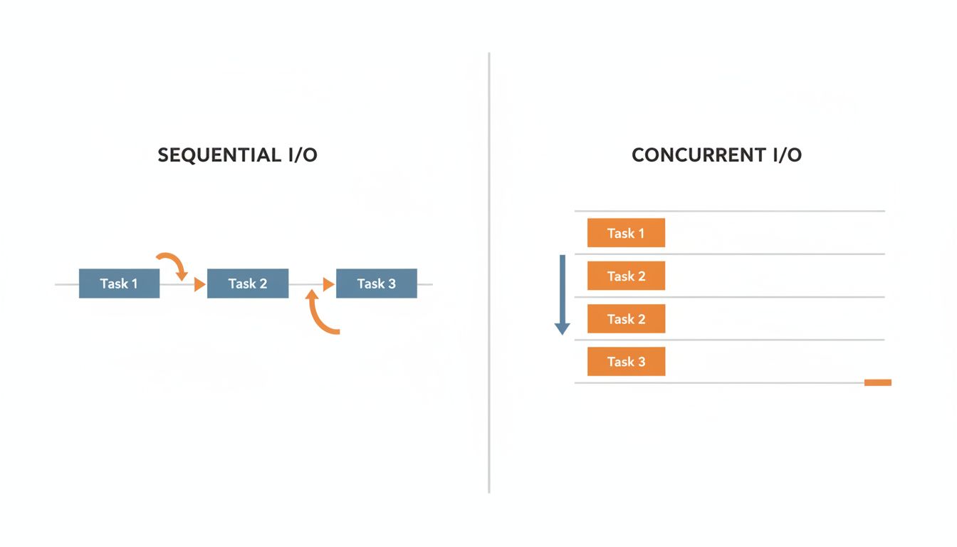 Diagram comparing sequential request execution to concurrent parallel execution, showing significant time reduction