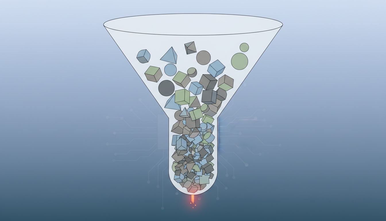 Abstract diagram showing a wide input funnel with a blocked narrow output, representing asymmetric task flow
