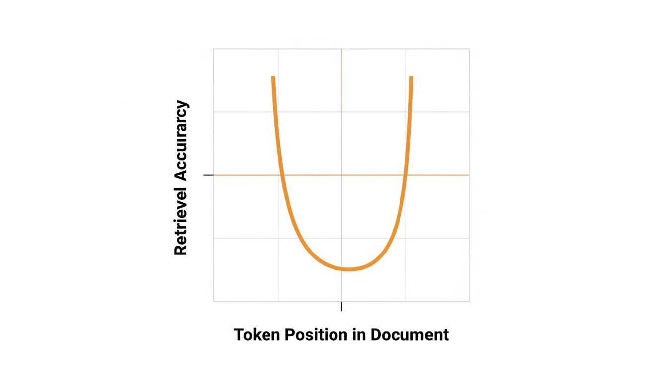 Graph showing retrieval accuracy by token position, with performance dropping in the middle of a long context window