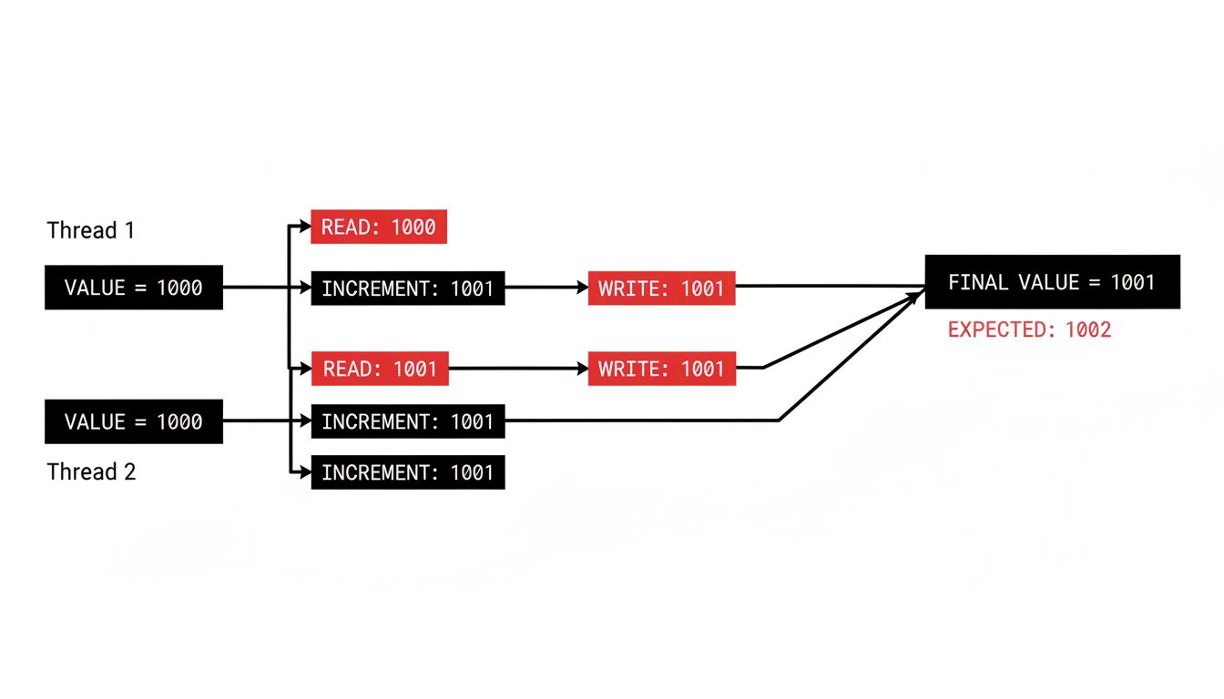 Diagram of a classic lost-update race condition where two threads both increment a counter but only one increment is recorded