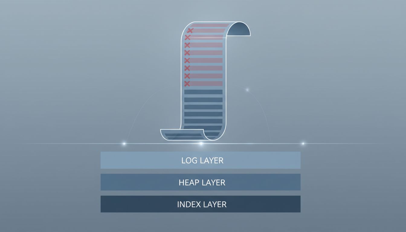 Cross-section diagram of a database write-ahead log growing as rows are marked for deletion