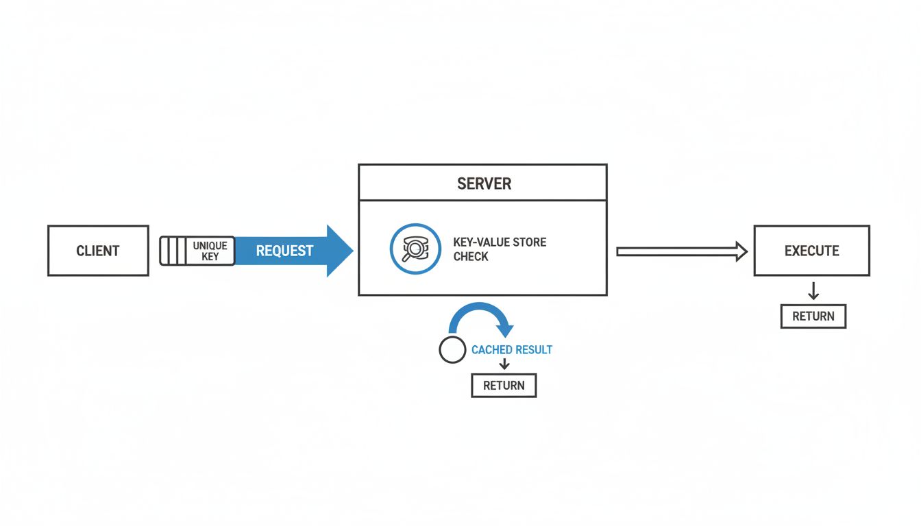 Diagram illustrating how an idempotency key prevents duplicate execution across retried requests