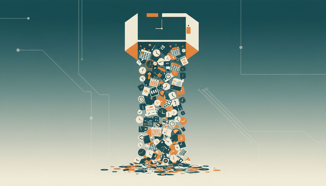 Abstract illustration of a time container overflowing with tasks and clock elements