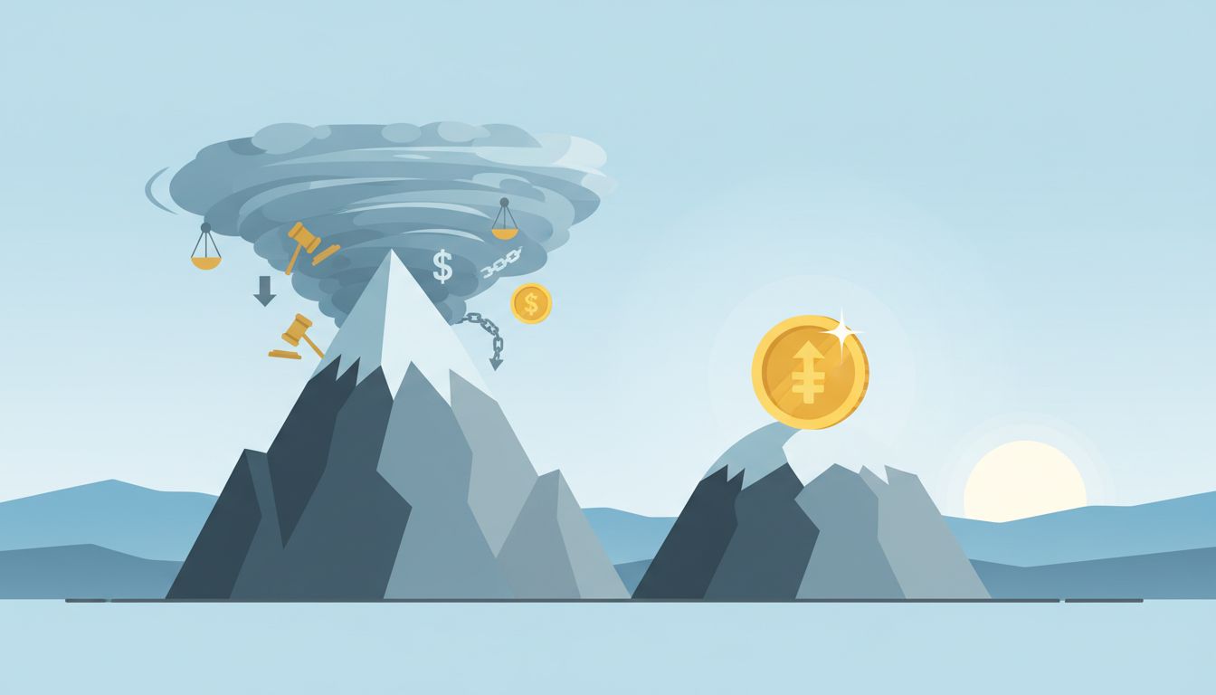 Illustration of two mountain peaks where the shorter peak sits in clearer, calmer conditions