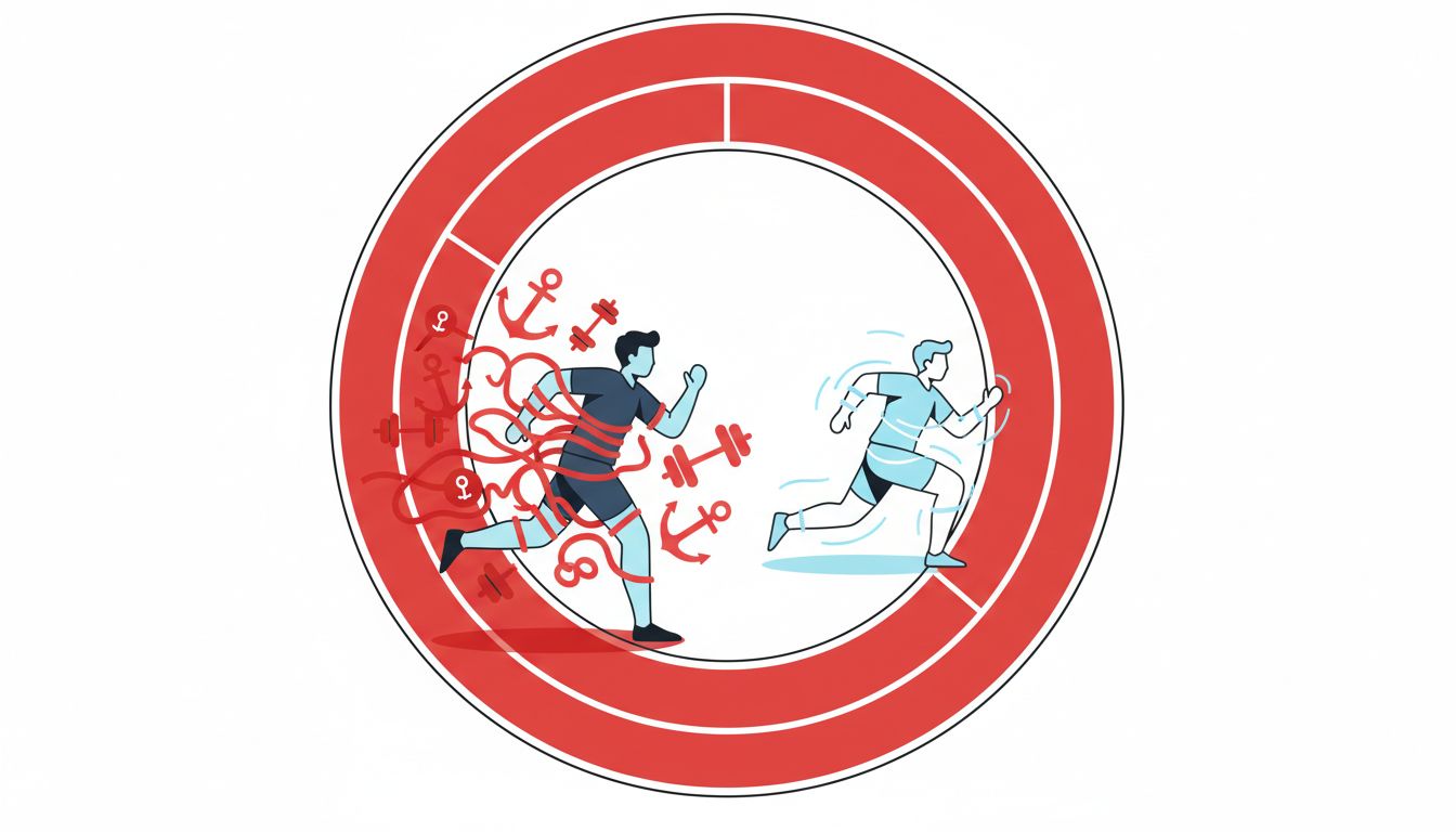 Diagram showing the second-place runner unencumbered while the leader carries structural burdens