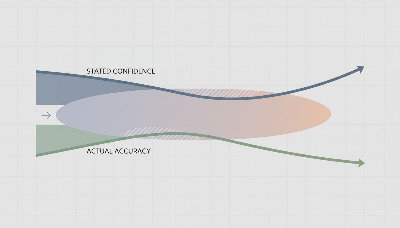 Diagram showing the gap between stated AI confidence and actual accuracy