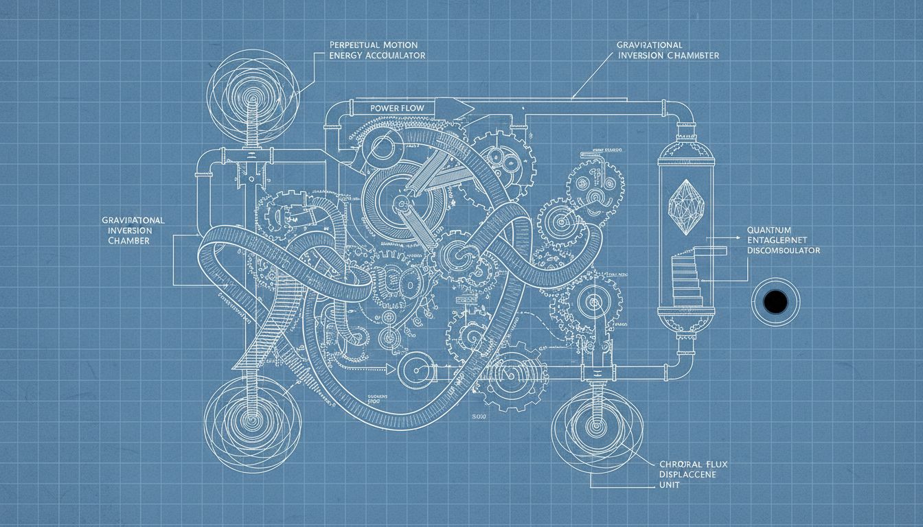 A technically detailed but fundamentally impossible machine blueprint, representing code that looks correct but cannot function as intended