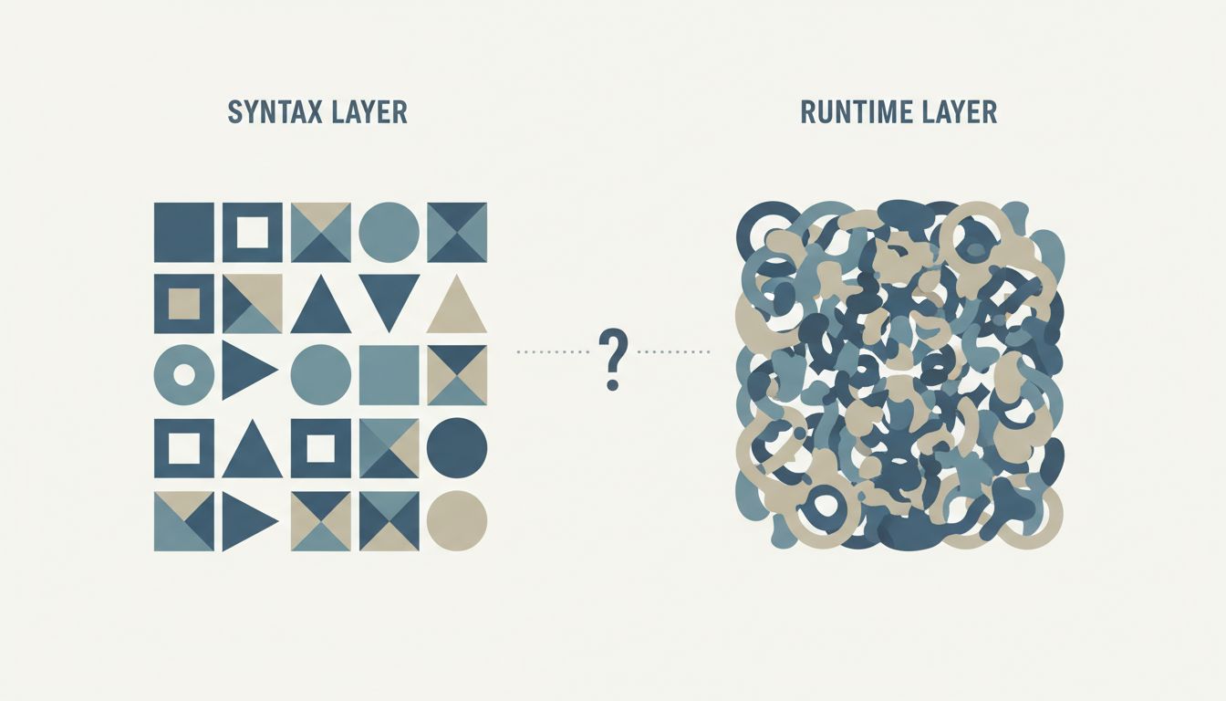 Diagram contrasting the clean structure of syntax with the complex, context-dependent nature of runtime behavior