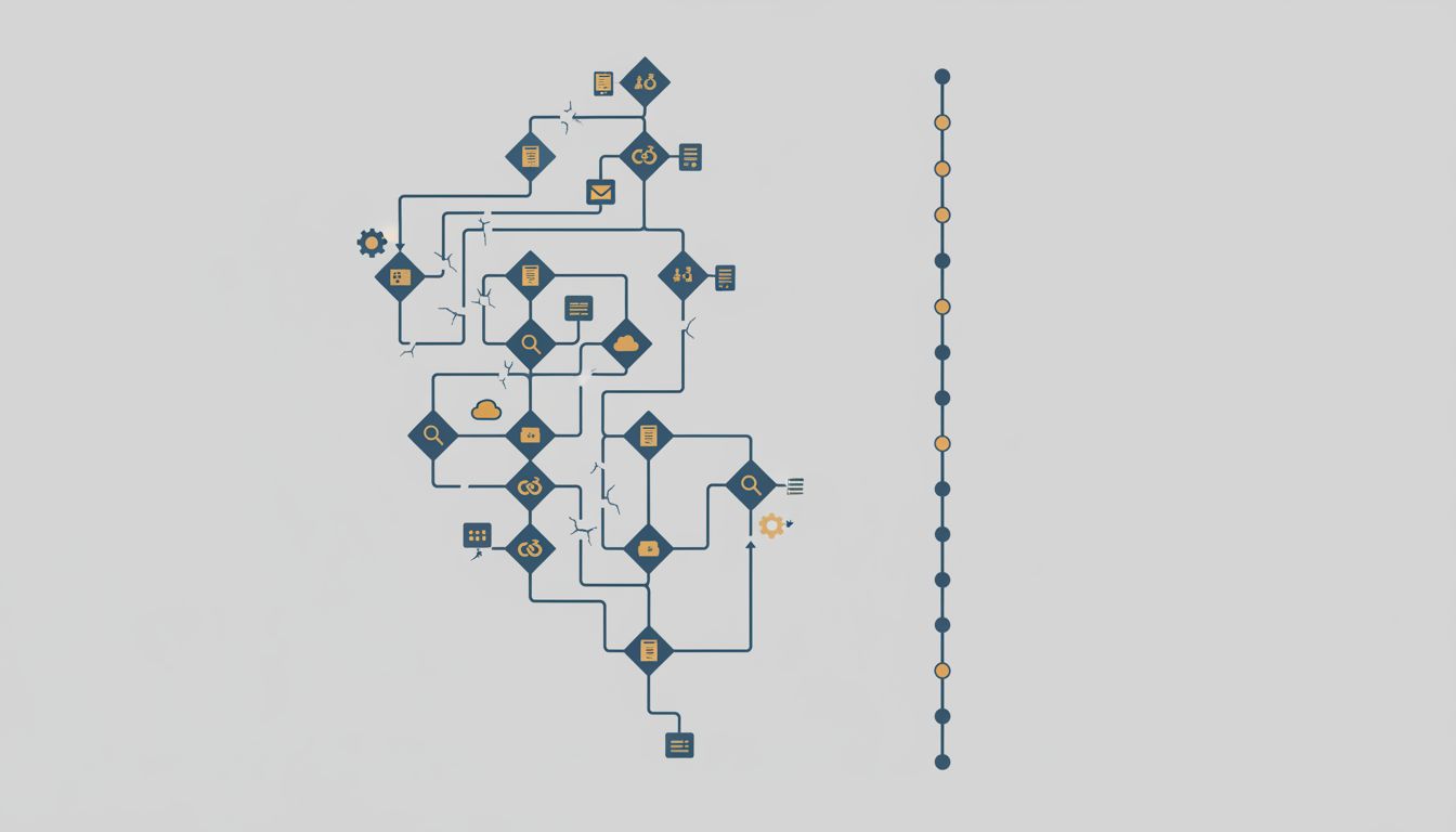 Diagram comparing a complex branching productivity system with a simple linear list, where the complex one shows signs of failure
