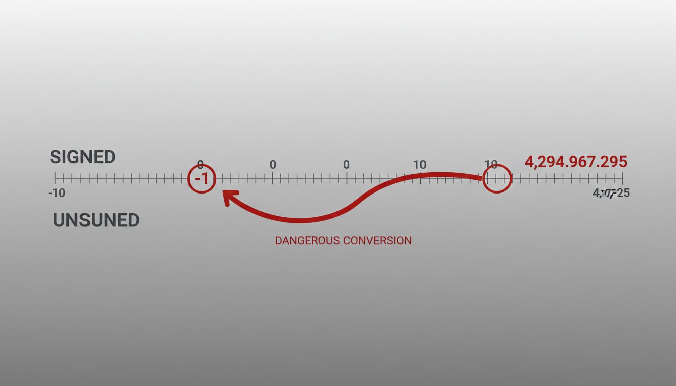 Diagram showing how -1 on a signed integer number line maps to a huge positive number on an unsigned integer number line