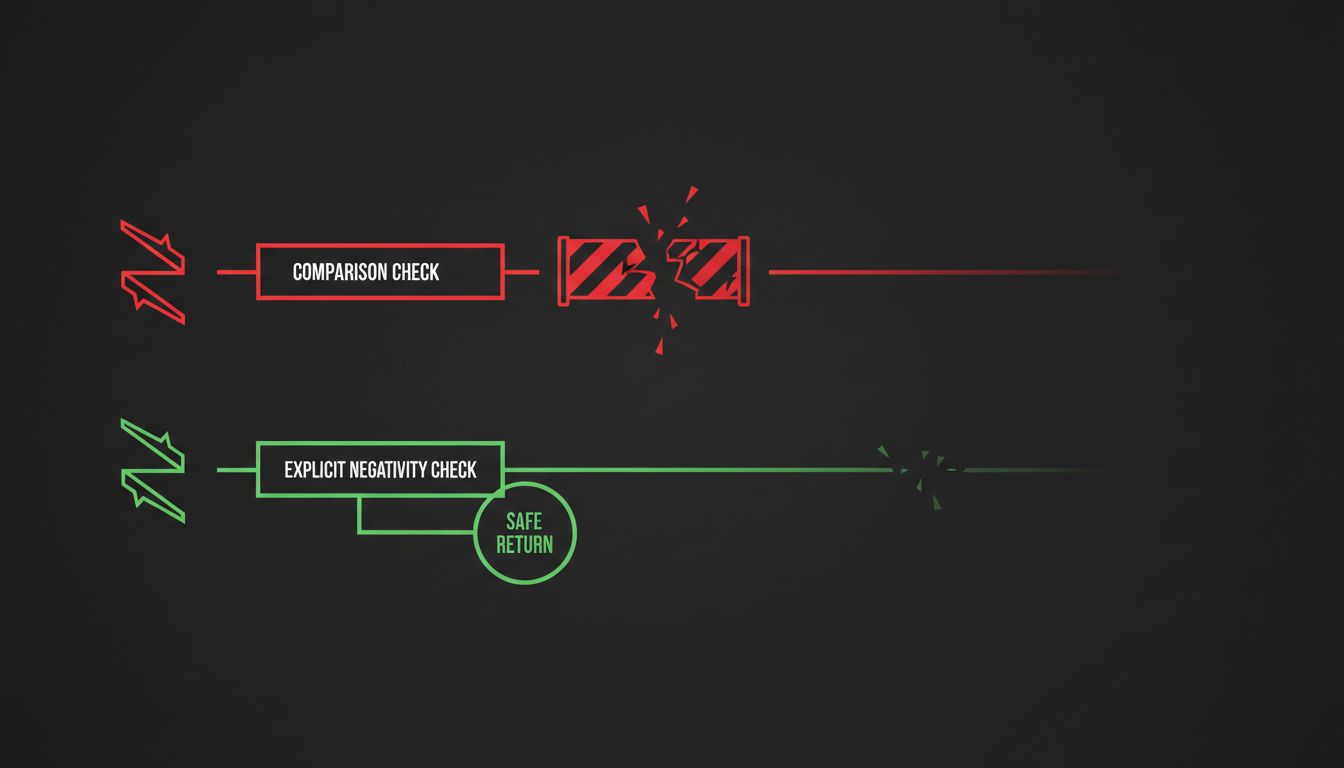Flow diagram comparing a vulnerable comparison path with no guard against a safe path that checks for negative values first
