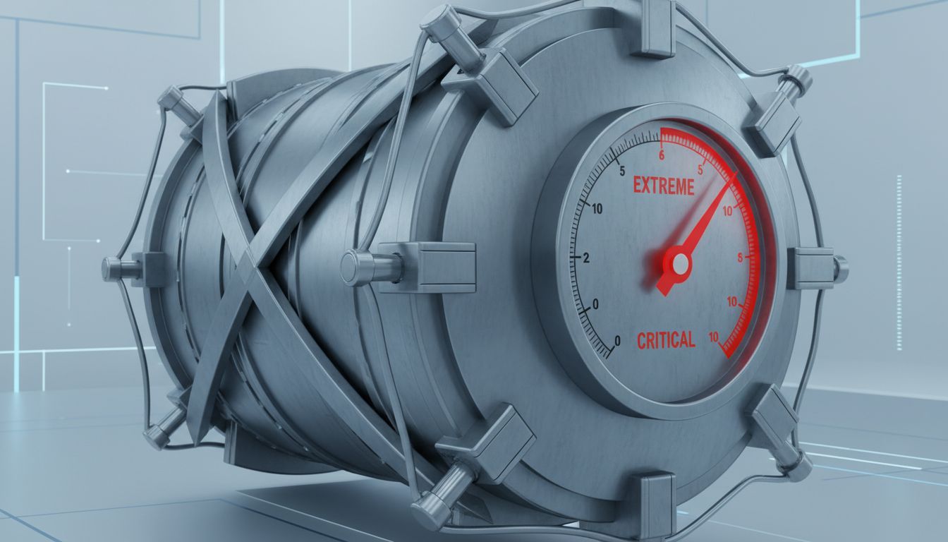 A pressure gauge pushed into the red zone on a reinforced vessel, illustrating how extreme customer pressure can strengthen rather than break a product