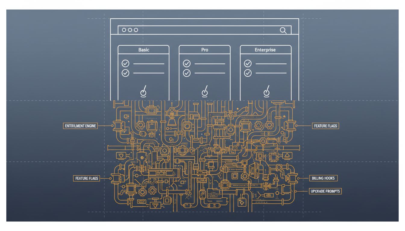 Cross-section illustration of a pricing page revealing the complex billing and entitlement infrastructure beneath its simple surface