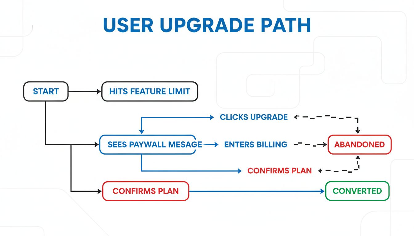 Flowchart diagram showing the decision points in a SaaS upgrade flow, with paths leading to conversion or abandonment