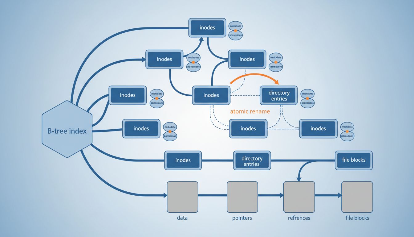 Diagram showing the internal structure of a filesystem mapped to database concepts like indexing, atomicity, and metadata storage
