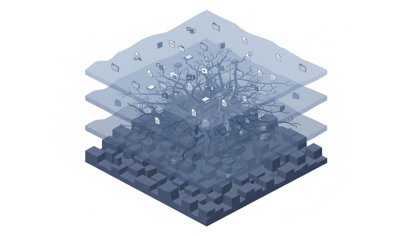 Isometric illustration of layered filesystem directory trees representing composed storage layers