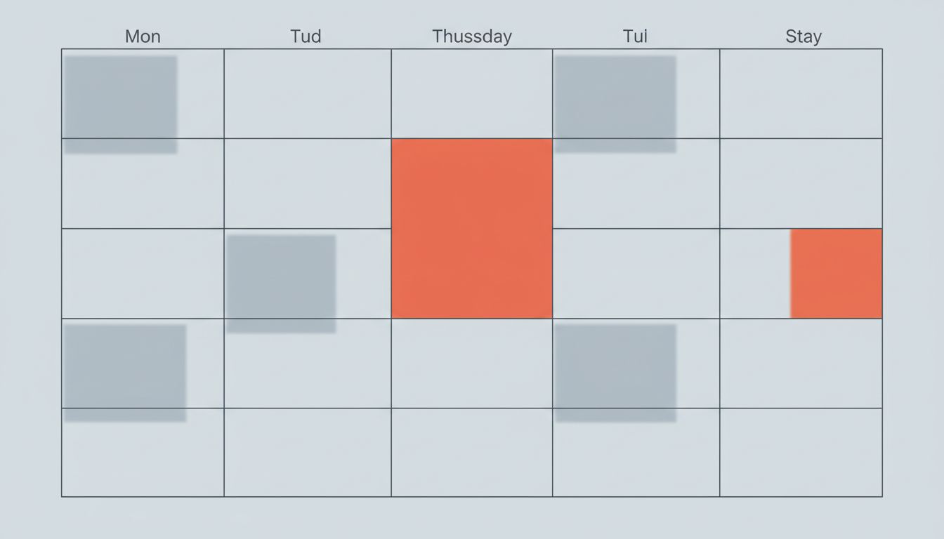 Abstract calendar grid showing most recurring meetings as ghost-like placeholders and a few as solid, meaningful blocks
