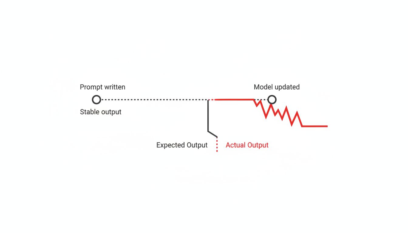 Timeline diagram showing prompt output drifting after a model update