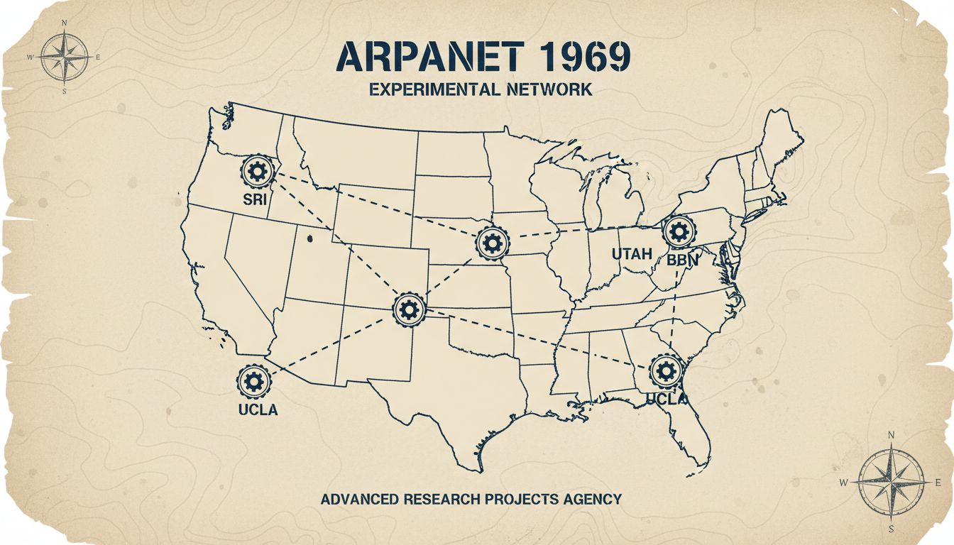 Stylized map of the original four-node ARPANET network from 1969