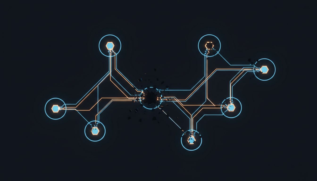Abstract diagram of a distributed network rerouting data around destroyed nodes