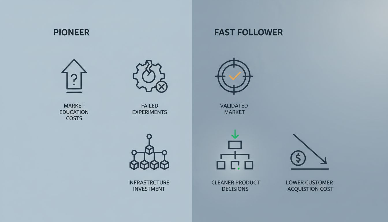Diagram comparing the hidden costs borne by market pioneers versus the advantages available to fast followers