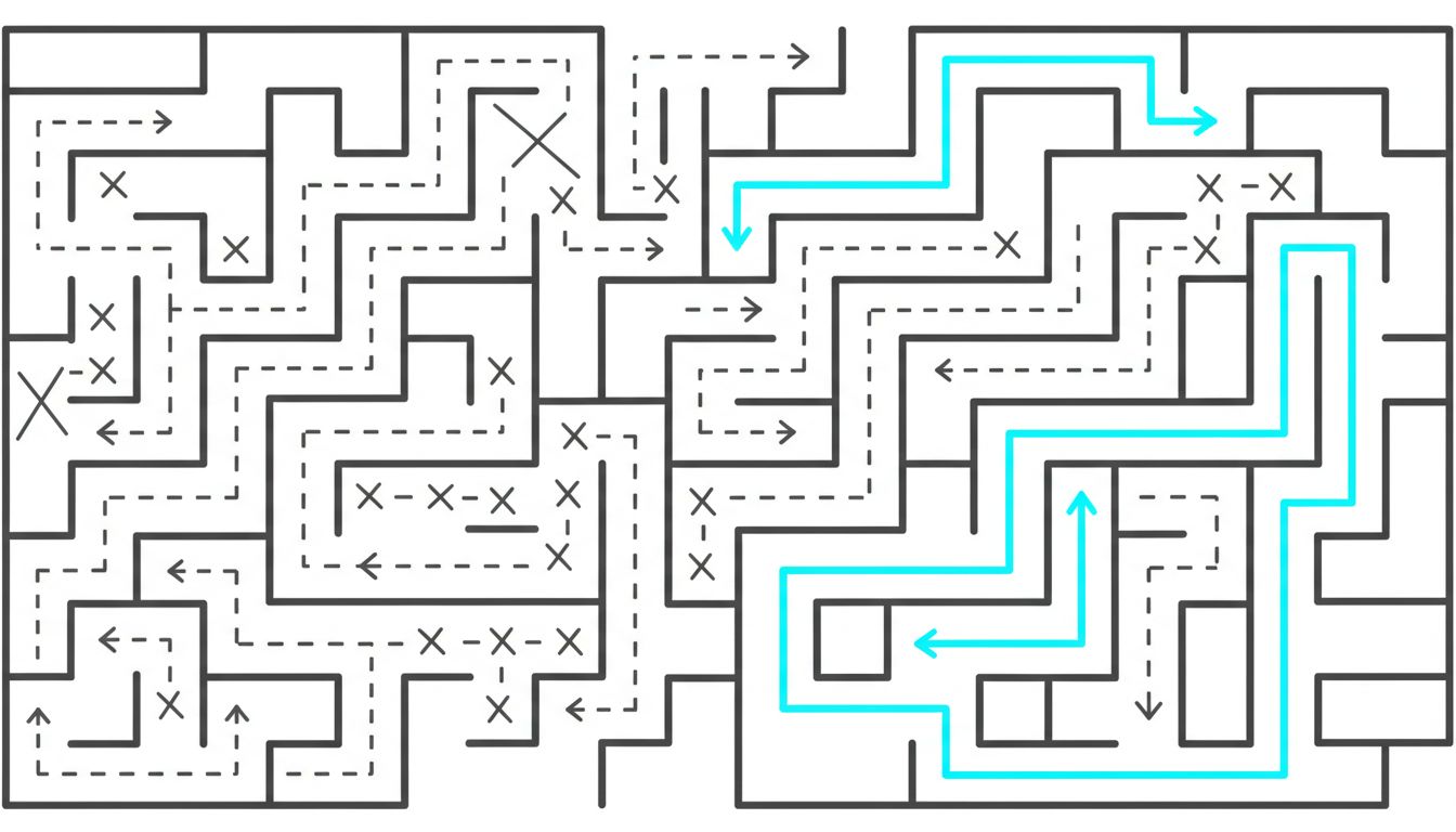Diagram showing a pioneer's erratic path through a maze versus a follower's optimized direct route