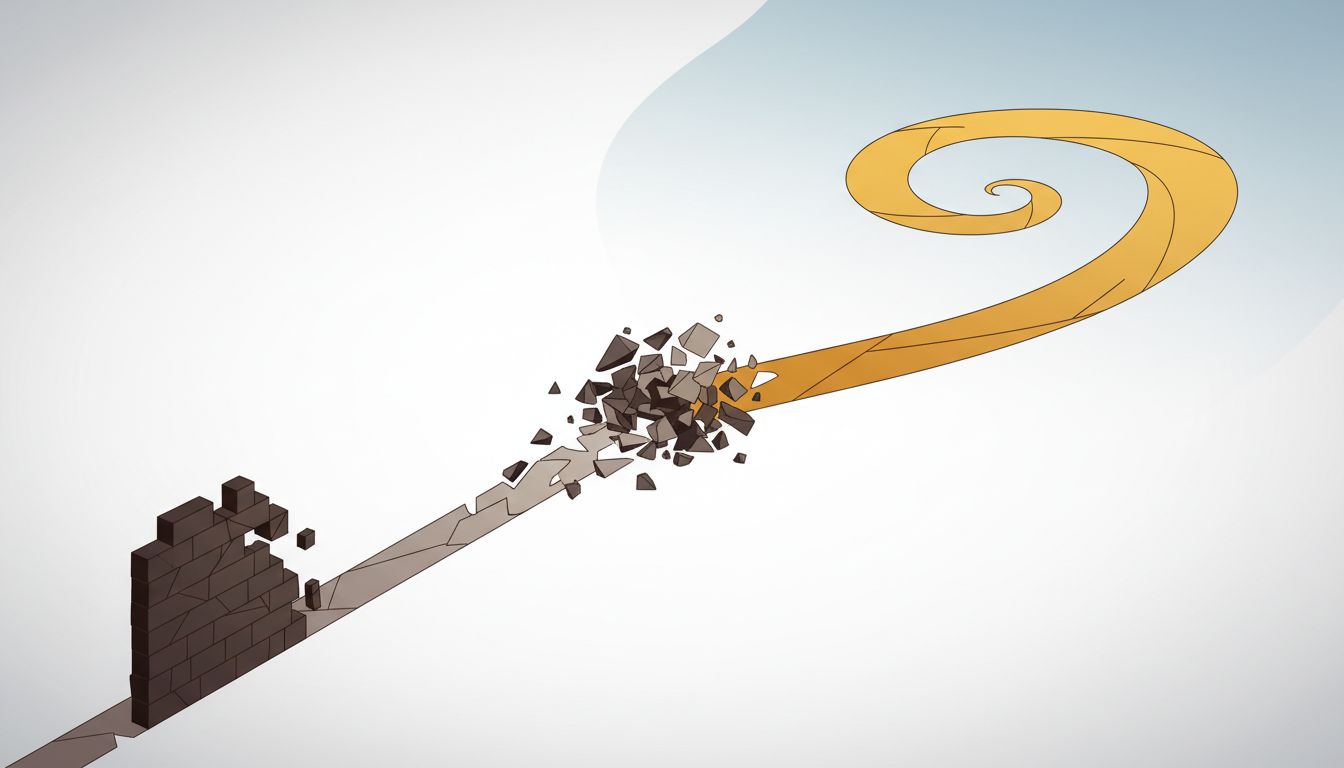 Two paths diverging from a single point of wreckage, one ending and one continuing upward