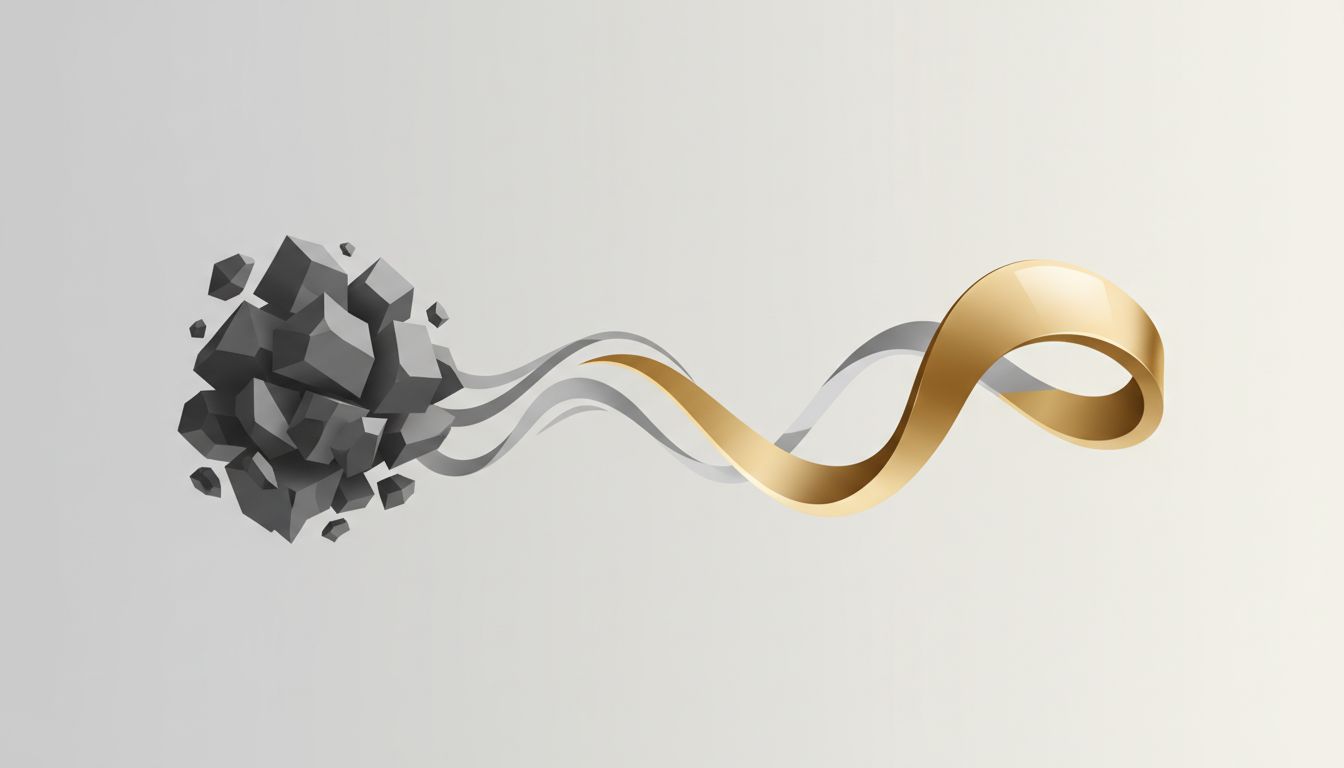 Abstract diagram showing a rough idea being refined into a cleaner, more precise form through iteration