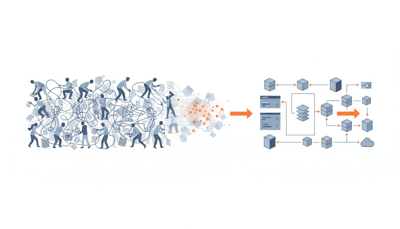 Illustration showing the transformation from human-intensive operations to structured software architecture