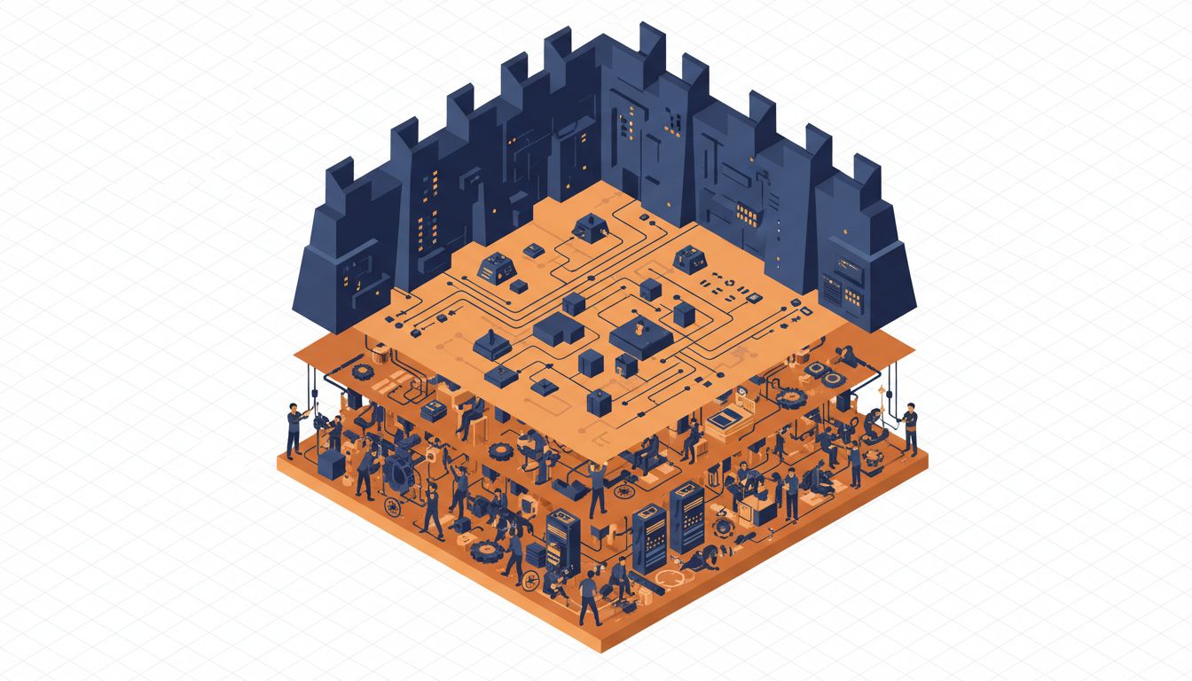 Diagram showing human operational work as the foundation layer beneath a defensible software moat