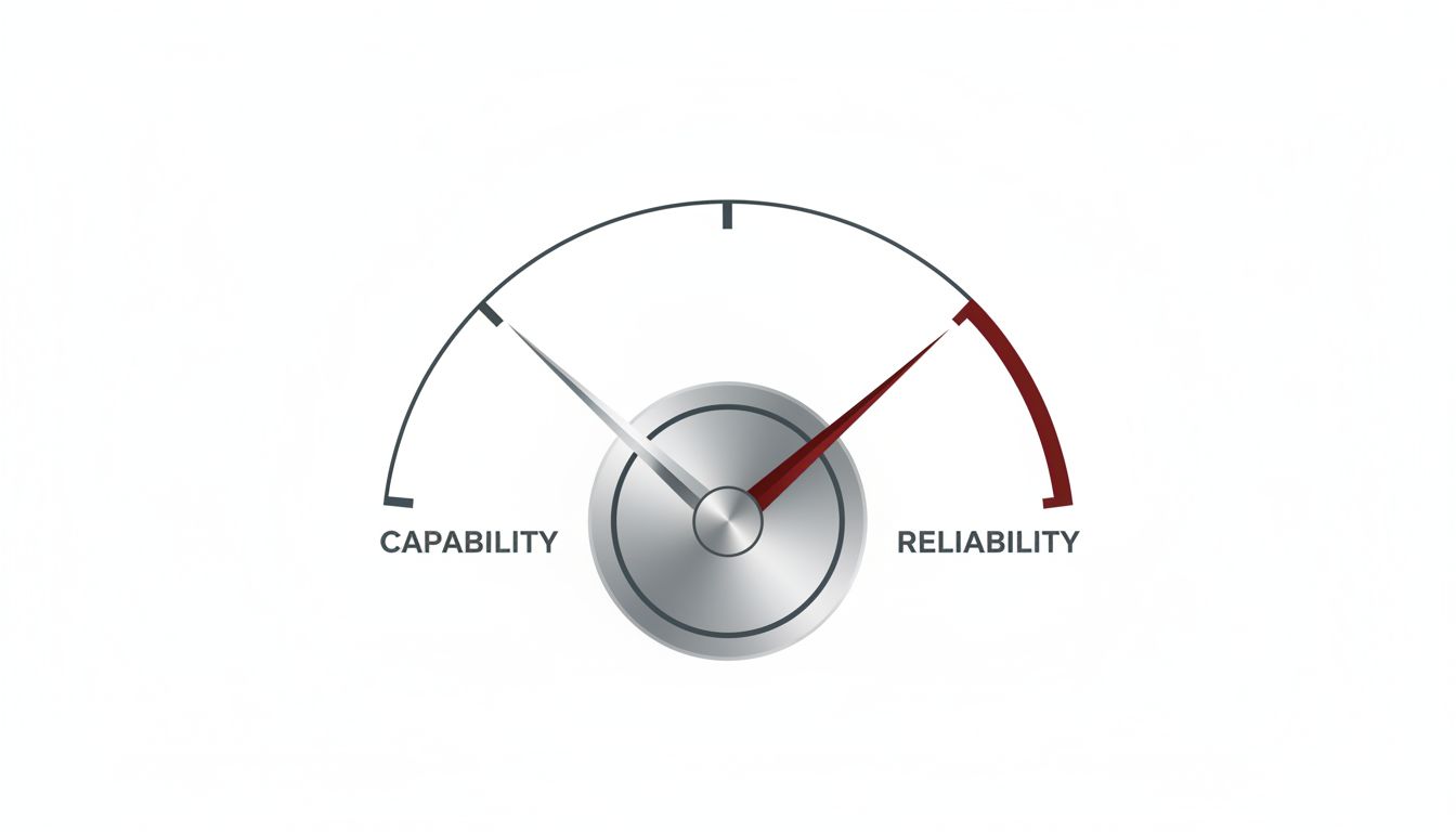 A diagram showing capability and reliability as diverging metrics as AI models improve