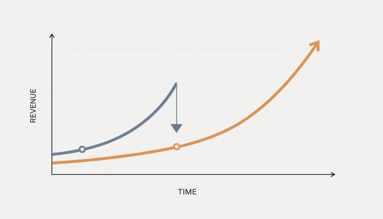 Two revenue trajectory lines, one that plateaus and dies, one that climbs steadily over time