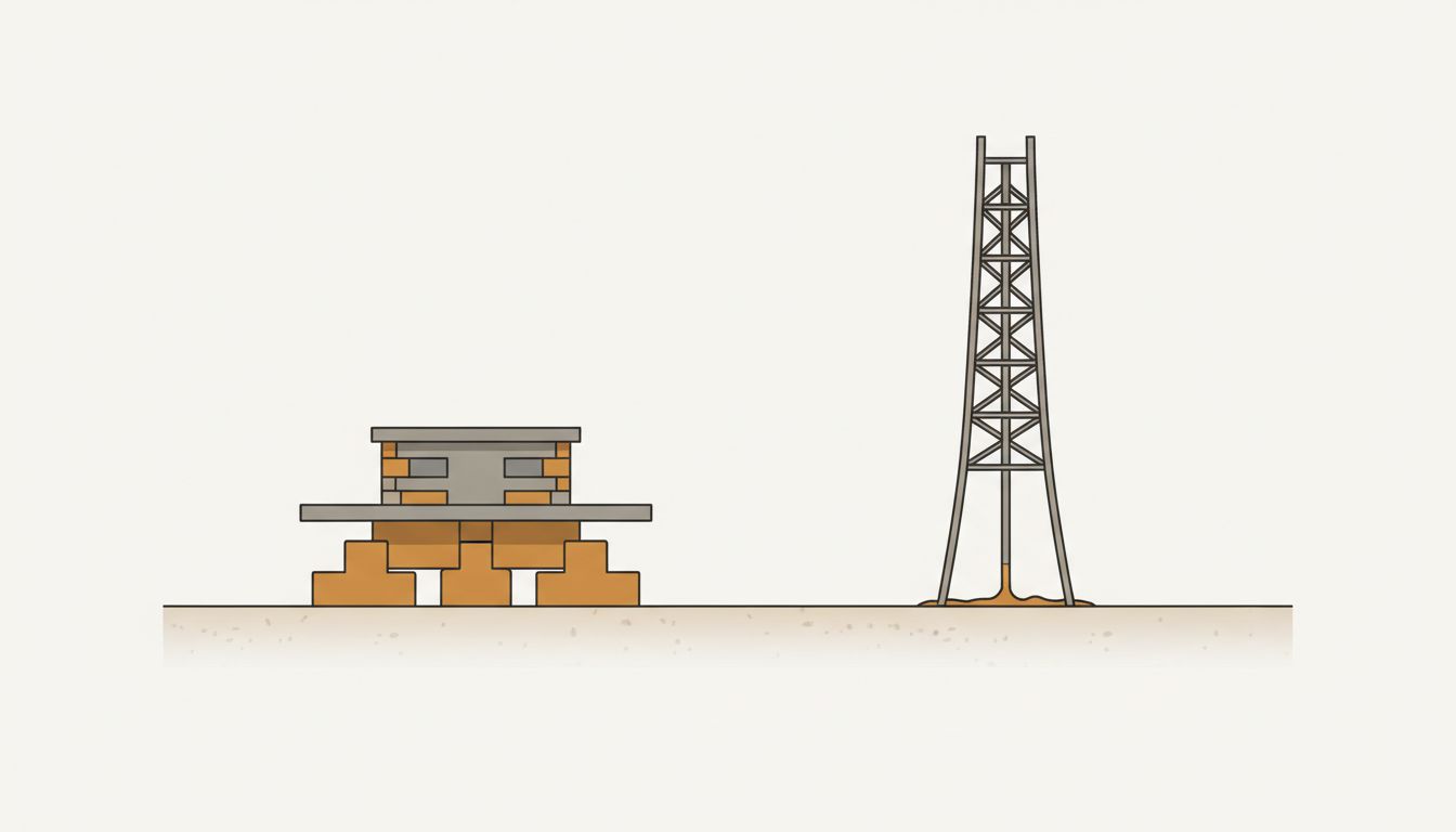Cross-section illustration contrasting a wide deep foundation versus a tall structure on a thin base