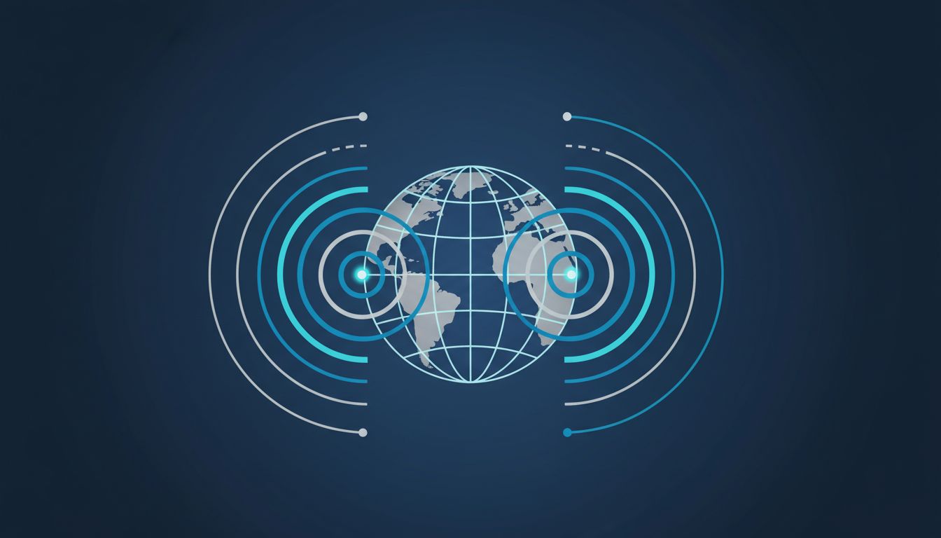 Abstract illustration of network round-trip signal paths between distant geographic points