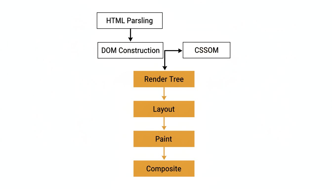 Diagram showing the browser rendering pipeline from HTML parsing to compositing pixels on screen