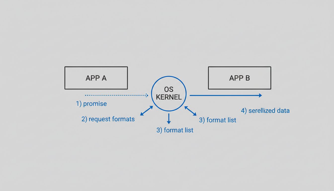 Flow diagram showing lazy copy protocol: promise registration, format query, and data transfer between two apps via the OS