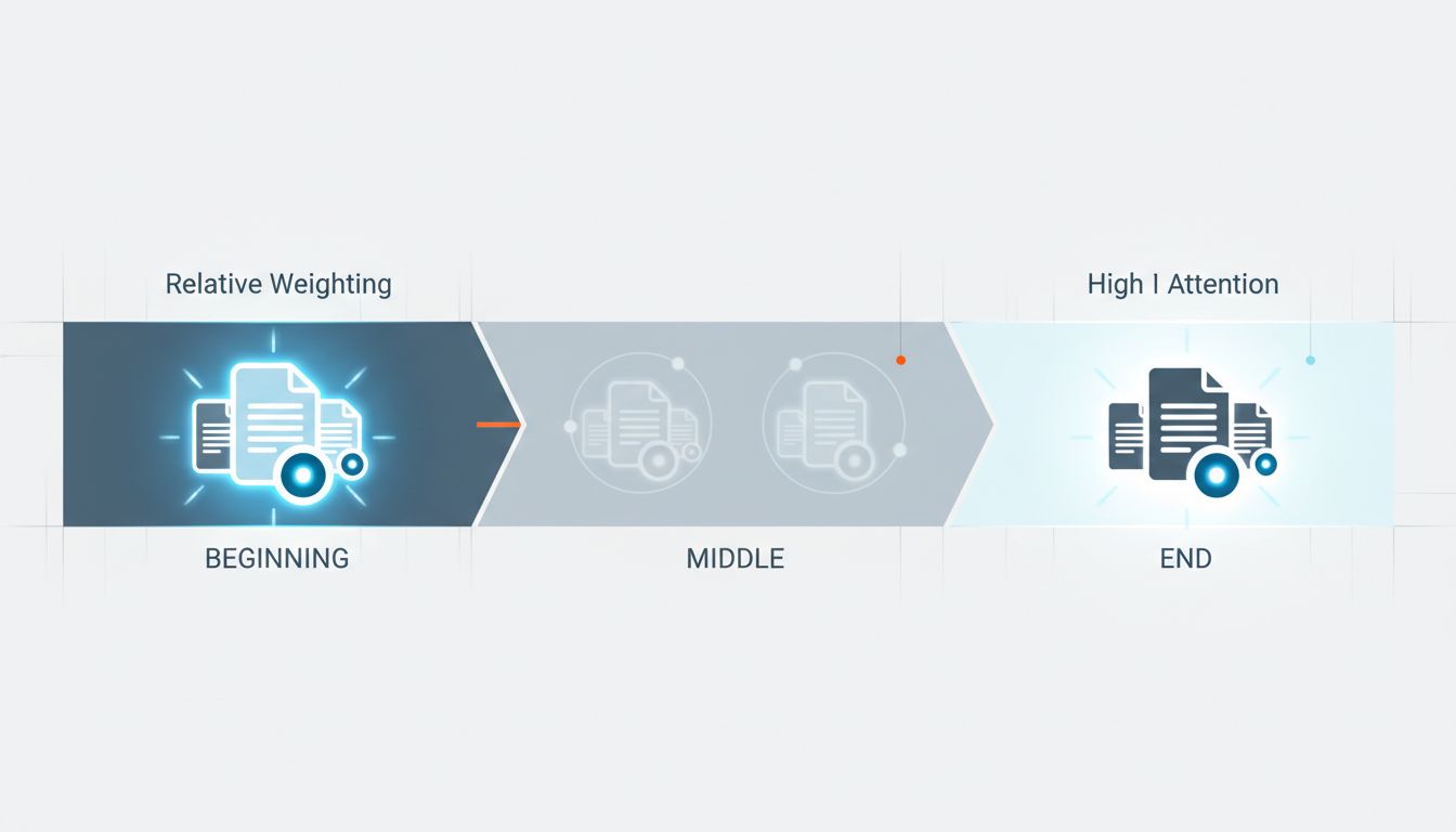 Diagram of a context window showing high attention at the beginning and end, low attention in the middle