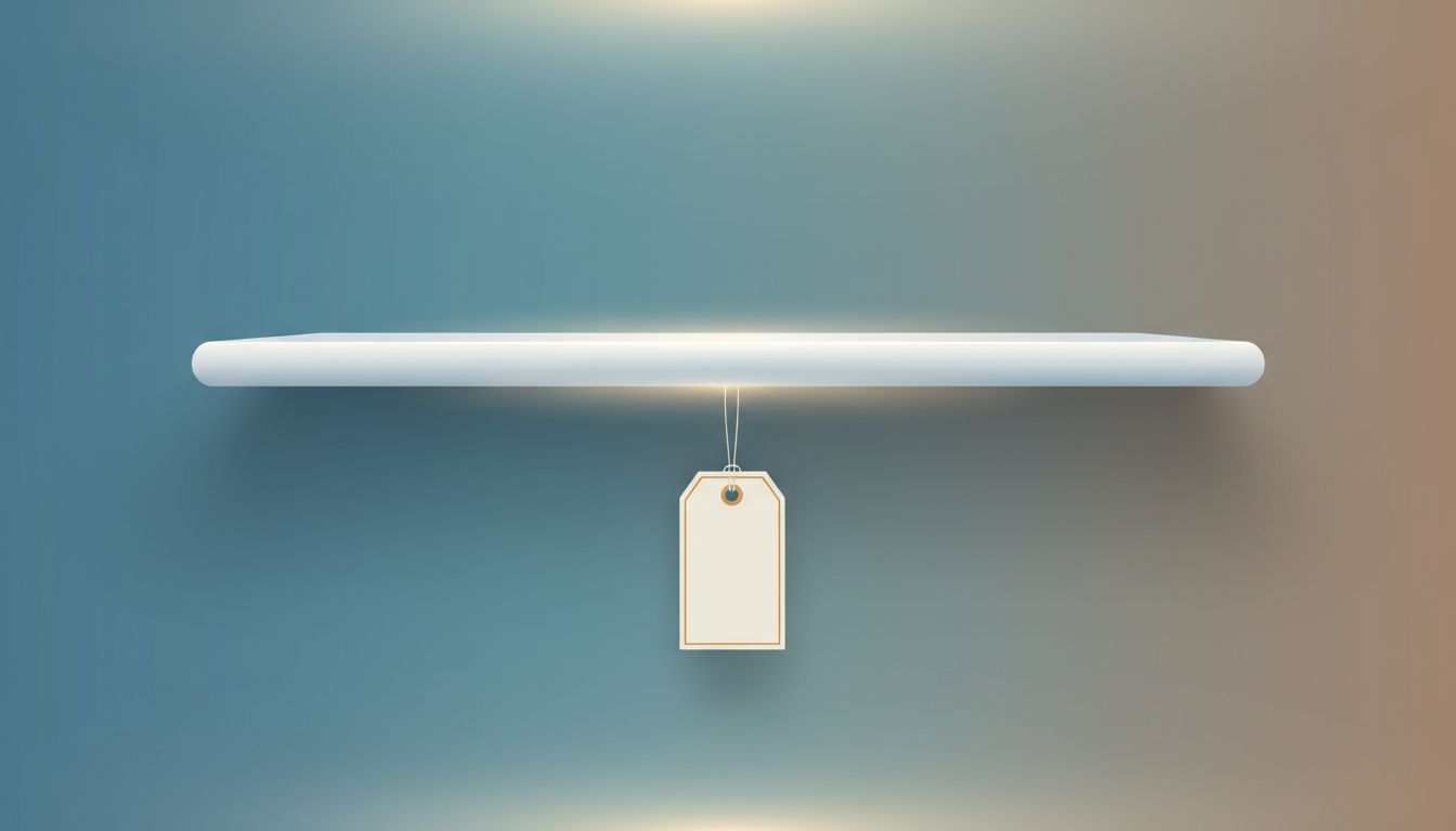 An empty store shelf with a single blank price tag, representing the idea of selling before a product exists