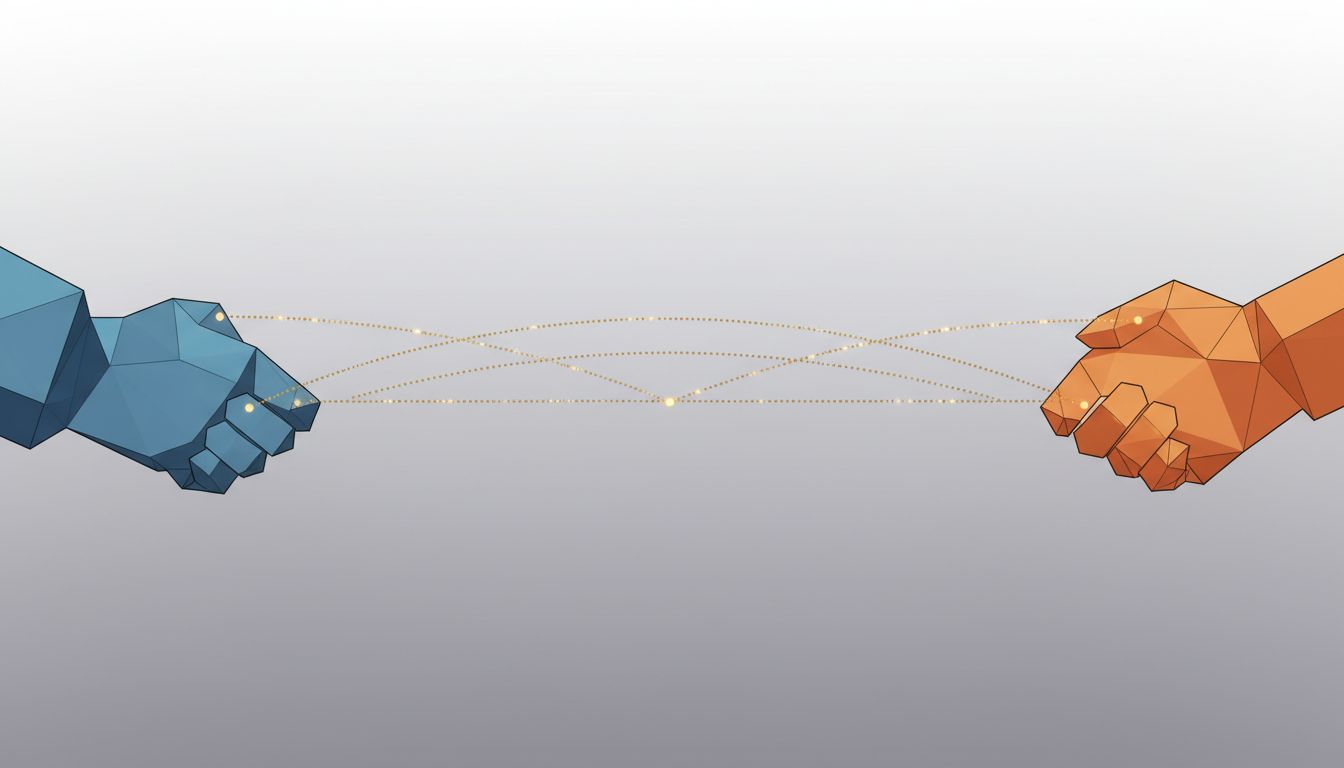 Abstract illustration of two geometric shapes reaching across a gap, representing a pre-product commitment between founder and customer