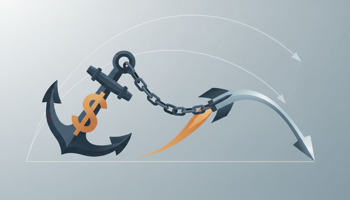 Illustration of a large financial anchor bending a startup's growth trajectory off course