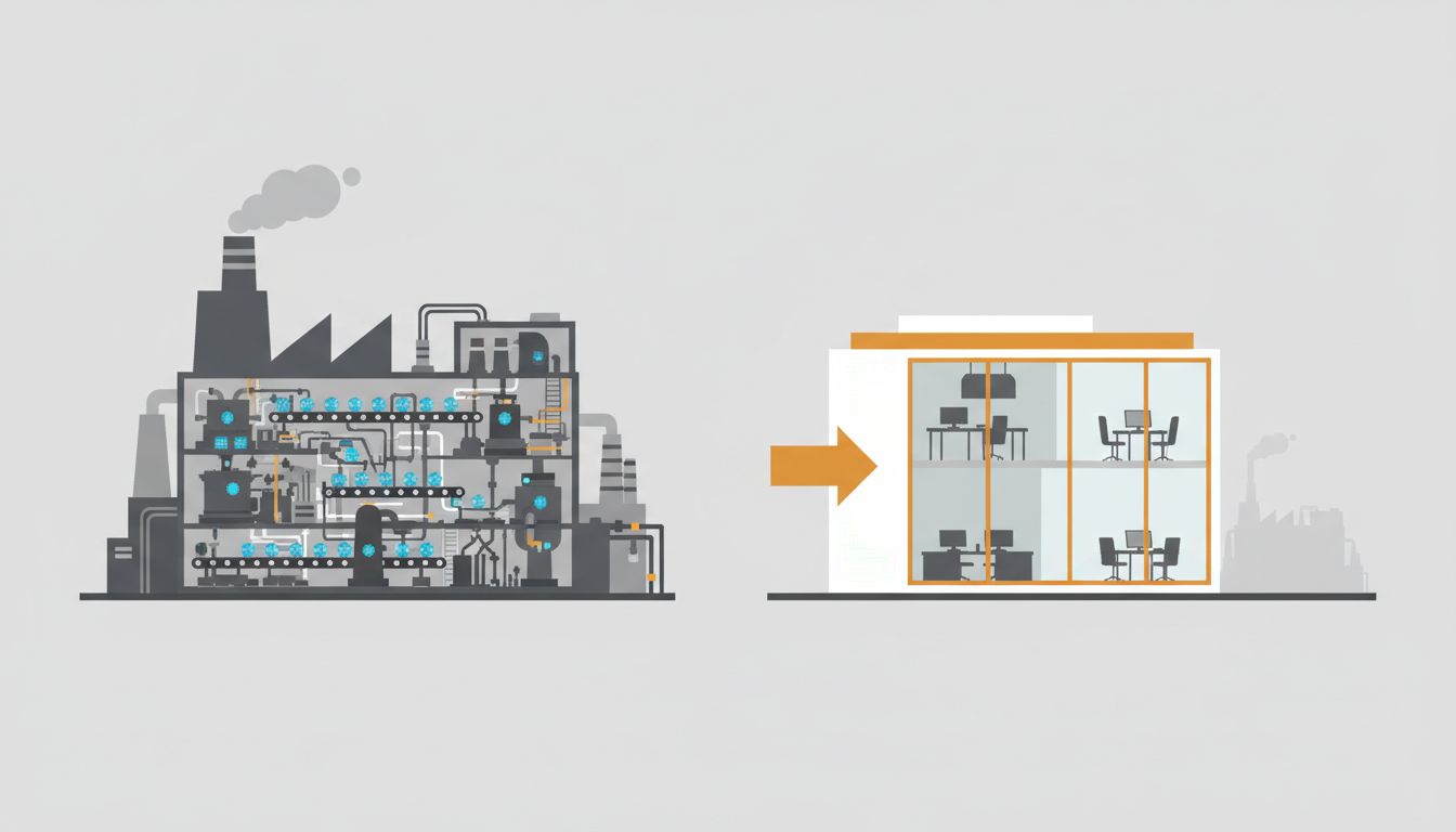 Illustration contrasting a large integrated semiconductor manufacturer with a lean chip design company that outsources fabrication