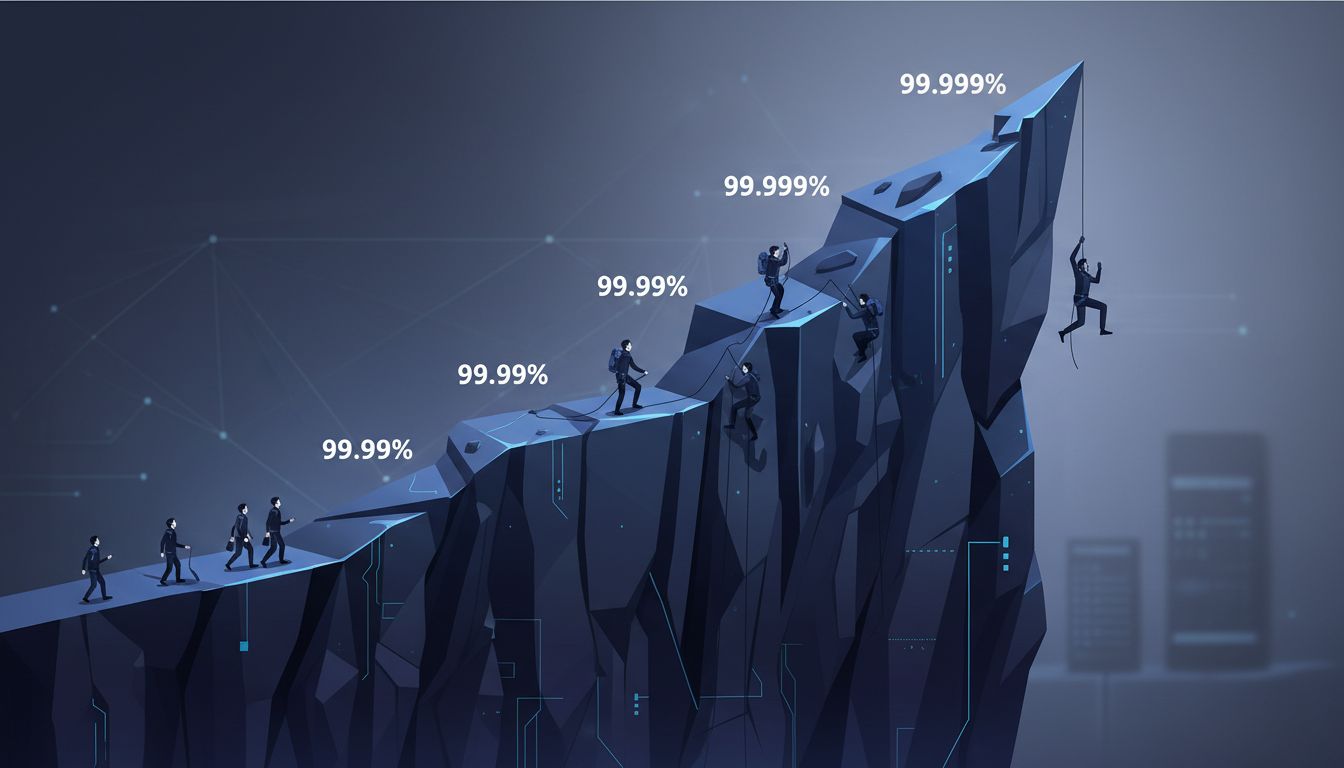 Illustration of engineers climbing a cliff face with uptime percentage labels, showing how each additional nine of availability becomes exponentially harder to achieve